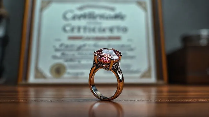 photorealistic, professional photography, 8K, cinematic lighting, sharp focus, depth of field, shot on a high-end DSLR, a beautifully framed professional certificate for gemology or jewelry design, subtly blurred in the background, with a stunning, unique artisan ring with a prominent gemstone in sharp focus in the foreground, symbolizing expertise and craftsmanship.