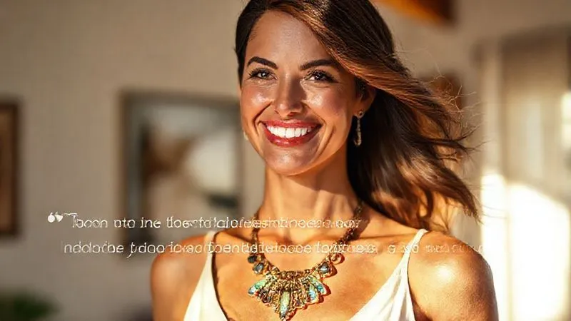 photorealistic, professional photography, 8K, cinematic lighting, sharp focus, depth of field, shot on a high-end DSLR, a stylish woman with an authentic, joyful smile, wearing a distinctive artisan necklace, looking naturally elegant in a sunlit, artistic studio setting, with a subtle, elegant text overlay of a positive customer review integrated into the background, showcasing genuine satisfaction and quality.