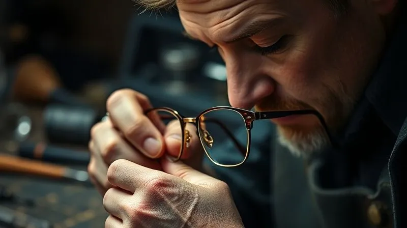 Photorealistic, professional photography, 8K, cinematic lighting, sharp focus, depth of field, shot on a high-end DSLR. Close-up of an artisan's hands meticulously polishing a luxury eyewear frame, the light catching the intricate details and the focused expression of the craftsman. Tools of the trade are subtly blurred in the background, emphasizing the skill and precision.