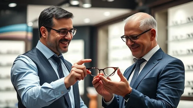 Photorealistic, professional photography, 8K, cinematic lighting, sharp focus, depth of field, shot on a high-end DSLR. A professional optical consultant, impeccably dressed, engaging warmly with a discerning client in a brightly lit, modern luxury eyewear boutique. The consultant is gesturing gracefully towards a unique frame, explaining its features with a confident, knowledgeable expression, while the client listens attentively, holding the frame and examining it closely. The background is softly blurred, focusing on their interaction.