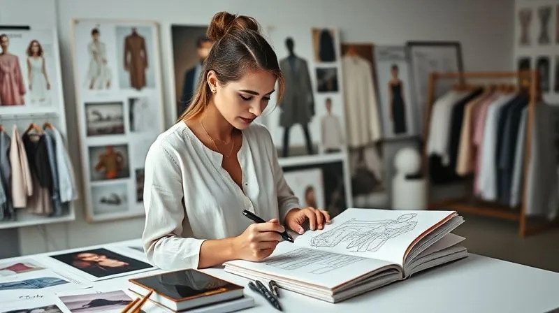 A stylish woman sketching fashion designs in a chic, minimalist studio, surrounded by mood boards with fabric swatches and inspirational images, focused and contemplative. Photorealistic, professional photography, 8K, cinematic lighting, sharp focus, depth of field, shot on a high-end DSLR.