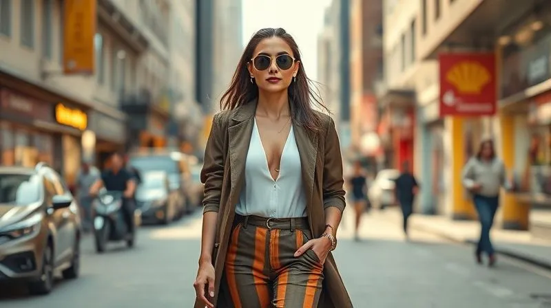 A stylish woman walking through a vibrant, bustling city street, her outfit perfectly matching a specific theme like 'urban safari' or 'bold maximalism', with dynamic energy and a sense of narrative. Photorealistic, professional photography, 8K, cinematic lighting, sharp focus, depth of field, shot on a high-end DSLR.