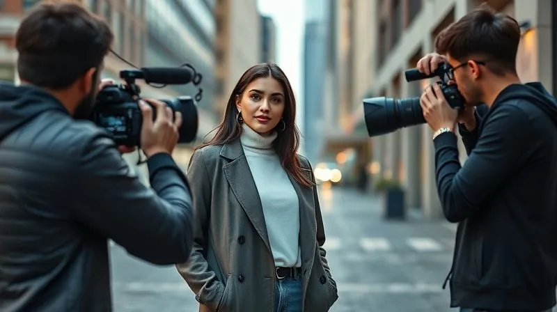 A fashion blogger expertly posing for a photo shoot in a beautifully lit urban environment, with a photographer capturing different angles and a stylist adjusting details, showcasing professional production. Photorealistic, professional photography, 8K, cinematic lighting, sharp focus, depth of field, shot on a high-end DSLR.