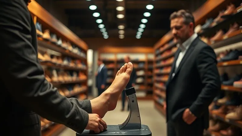 A photorealistic, professional photography shot of a male customer getting his foot measured on a Brannock device by a skilled shoe salesman in a classic, well-lit shoe store, sharp focus on the foot and device, depth of field blurring the background, 8K, cinematic lighting, shot on a high-end DSLR.