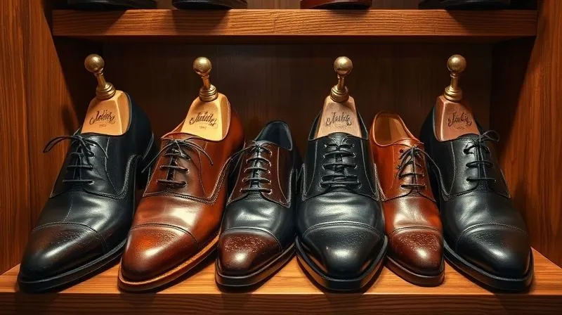 A photorealistic, professional photography shot of a collection of meticulously polished leather dress shoes, each resting on a cedar shoe tree, neatly arranged in a custom-built, well-lit wooden shoe closet, conveying organization and care. 8K, cinematic lighting, sharp focus, depth of field, shot on a high-end DSLR.