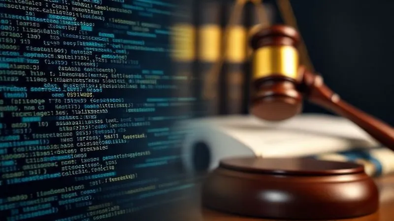 A photorealistic, close-up shot of a glowing blockchain ledger with lines of code and hash values, juxtaposed with a blurred background of a legal gavel and law books, symbolizing the distinct but interconnected roles of technology and law in digital asset protection. Professional photography, 8K, cinematic lighting, sharp focus on the blockchain details, depth of field blurring the legal elements, shot on a high-end DSLR.