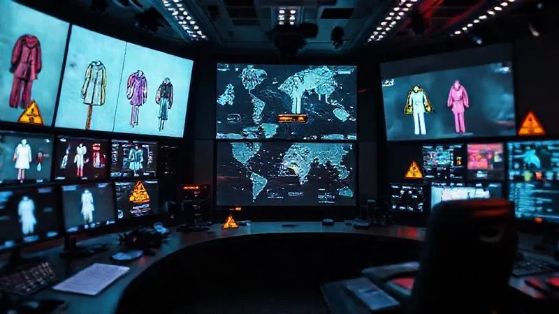 A photorealistic, high-tech control room interface displaying multiple screens showing various digital fashion designs, some highlighted with warning signs, overlaid with a map of the metaverse and blockchain transaction data. Professional photography, 8K, cinematic lighting, sharp focus on the central screen, depth of field blurring the background, shot on a high-end DSLR, symbolizing active monitoring and enforcement.