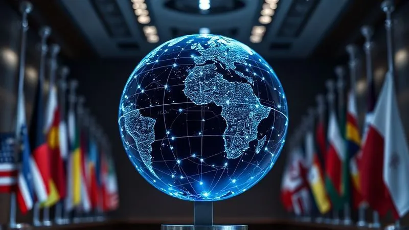 A photorealistic image of a futuristic globe with holographic lines representing blockchain networks, surrounded by various international flags, all under the soft glow of a courtroom setting. Professional photography, 8K, cinematic lighting, sharp focus on the globe and flags, depth of field blurring the background, shot on a high-end DSLR, symbolizing global IP challenges in the digital age.