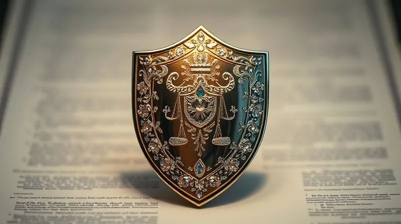 A photorealistic, professional photograph of a stylized legal shield made of intricate, shimmering costume jewelry pieces, reflecting light dramatically. The shield is positioned centrally, with a softly blurred background showing abstract, legal-document-like textures. 8K, cinematic lighting, sharp focus on the jewelry shield, depth of field.