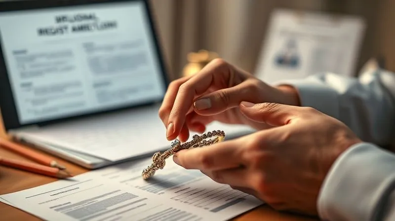 A photorealistic, professional close-up of a designer's hands meticulously inspecting a detailed costume jewelry piece, with a blurred background showing legal documents and a laptop displaying IP registration forms. The scene is bathed in warm, focused light, conveying diligence and protection. 8K, cinematic lighting, sharp focus on the hands and jewelry, depth of field.