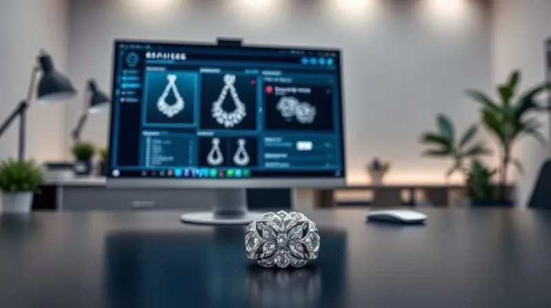 A photorealistic, professional wide shot of a modern, sleek desk with a computer displaying a sophisticated image recognition software interface, highlighting a detected jewelry design match. In the foreground, a unique costume jewelry piece is prominently displayed. The setting is a contemporary design studio, with cinematic lighting and a sharp focus on the screen and jewelry, conveying advanced protection.