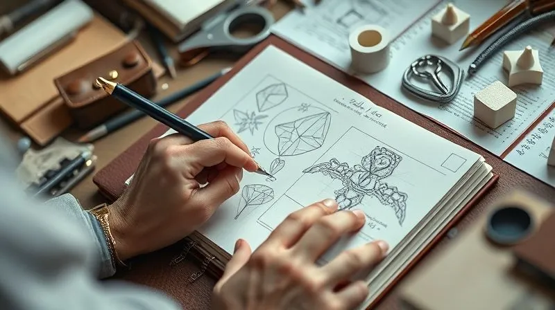 A photorealistic close-up of a designer's hands meticulously sketching a unique jewelry piece in a leather-bound sketchbook, surrounded by design tools, wax models, and reference materials. The sketchbook page is filled with intricate, dated drawings. Cinematic lighting, sharp focus on the hands and sketchbook, depth of field, 8K hyper-detailed, professional photography.