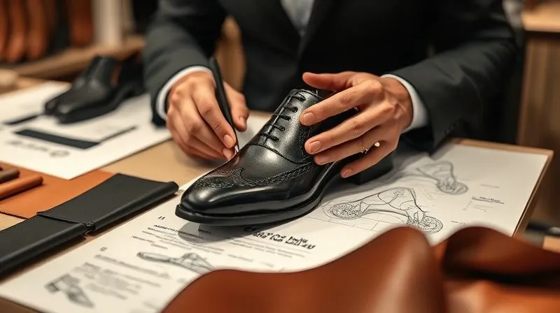 A photorealistic image of a luxury shoe designer's hands delicately working on a bespoke shoe, surrounded by high-quality leather samples and design sketches. The scene is set in a sophisticated, minimalist atelier with soft, focused lighting, emphasizing craftsmanship and personalization. 8K, cinematic lighting, sharp focus, depth of field, shot on a high-end DSLR.