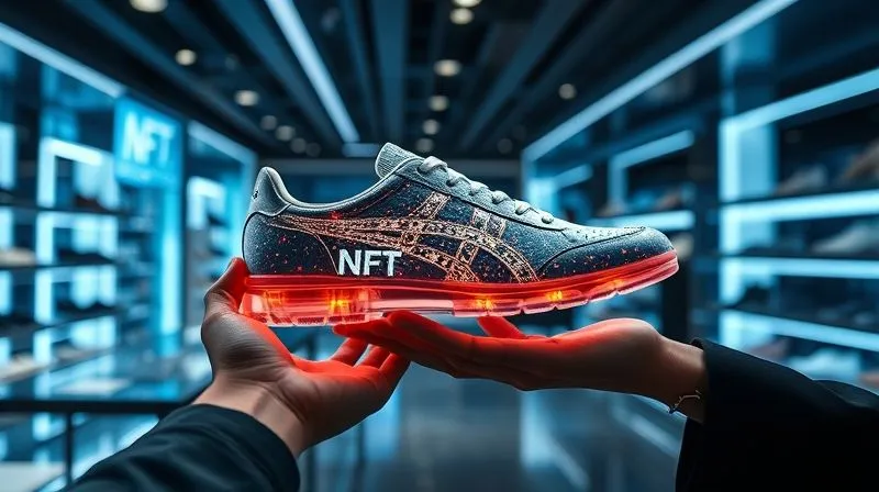 A photorealistic, professional photography, 8K, cinematic lighting, sharp focus, depth of field, shot on a high-end DSLR, of a person's hand holding a luxury shoe next to a holographic projection of its corresponding NFT, shimmering with digital elegance. The background is a sleek, futuristic luxury boutique. The mood is innovative and exclusive.