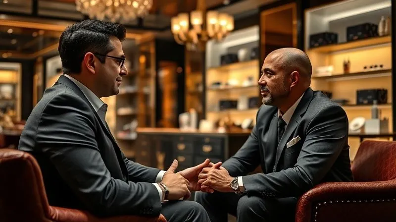 A photorealistic, professional photography, 8K, cinematic lighting, sharp focus, depth of field, shot on a high-end DSLR, of a luxury brand representative engaging in a one-on-one conversation with a VIP client in a lavish, comfortable lounge setting within a high-end boutique. The interaction is warm and personalized, showcasing attentive customer service and feedback gathering. The mood is exclusive and reassuring.