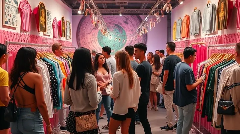 photorealistic, professional photography, 8K, cinematic lighting, sharp focus, depth of field, shot on a high-end DSLR, a vibrant, temporary pop-up shop for urban fashion, featuring unique art installations and creatively displayed clothing items, a diverse group of stylish young people engaging with the products and each other, dynamic and energetic atmosphere, representing exclusivity and innovation.