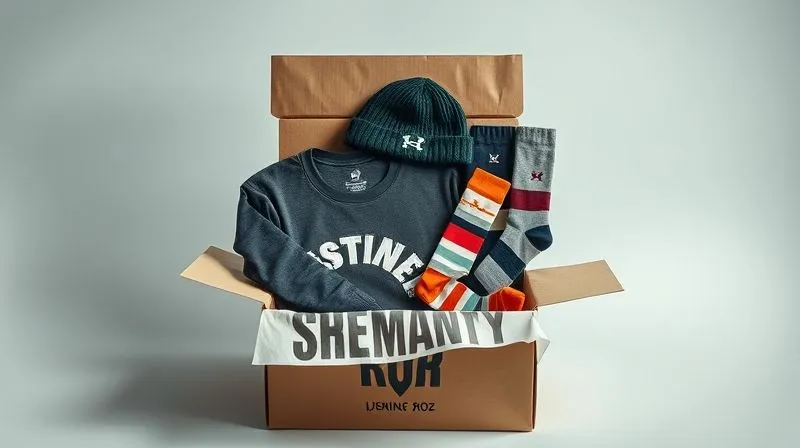 photorealistic, professional photography, 8K, cinematic lighting, sharp focus, depth of field, shot on a high-end DSLR, a stylishly arranged bundle of urban fashion items, including a graphic tee, a beanie, and a pair of socks, presented in an open, branded box with tissue paper, suggesting a premium gift or curated collection, against a minimalist, trendy background.