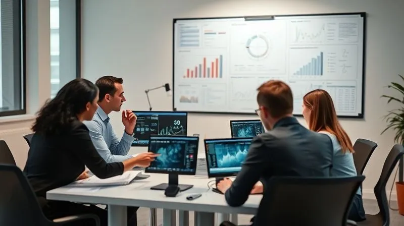 photorealistic, professional photography, 8K, cinematic lighting, sharp focus, depth of field, shot on a high-end DSLR, a strategic business meeting in a modern, minimalist urban office, diverse team members intensely reviewing data on multiple screens, a whiteboard with complex diagrams and figures in the background, conveying strategic planning and problem-solving, a sense of thoughtful decision-making.
