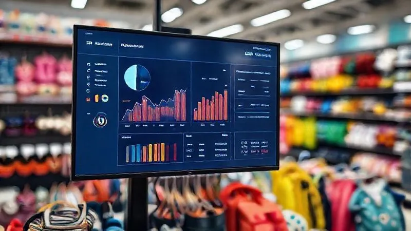 A professional photography shot of a modern retail dashboard displaying inventory analytics, with charts and graphs highlighting slow-moving products and sales velocity, clean design, data visualization, cinematic lighting, sharp focus on the screen, depth of field blurring a background of neatly organized kids' accessories, 8K hyper-detailed, shot on a high-end DSLR.