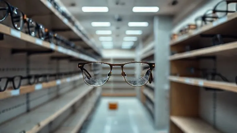 A photorealistic image of an optical store shelf with a few outdated, dusty optical frames prominently displayed amongst empty spaces, conveying a sense of stagnation and missed opportunity. Cinematic lighting, sharp focus on the slow-moving frames, depth of field blurring the background, 8K hyper-detailed, professional photography, shot on a high-end DSLR.