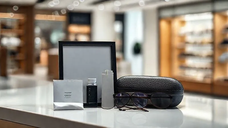 A photorealistic image of a stylish, modern optical frame placed next to a premium cleaning kit and a sleek glasses case, arranged as an attractive bundle offer on a clean, minimalist display. Cinematic lighting, sharp focus on the bundled items, depth of field blurring a sophisticated retail background, 8K hyper-detailed, professional photography, shot on a high-end DSLR.