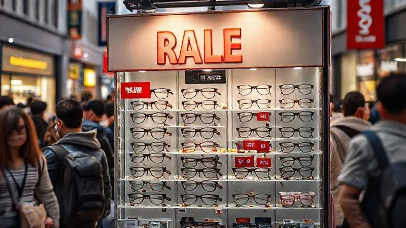 A photorealistic image of a vibrant, temporary pop-up store display for optical frames, set up in a bustling urban environment. The display features a diverse range of frames, with clear pricing and 'Sale' signs, attracting curious passersby. Cinematic lighting, sharp focus on the display and frames, depth of field blurring the background crowd, 8K hyper-detailed, professional photography, shot on a high-end DSLR.