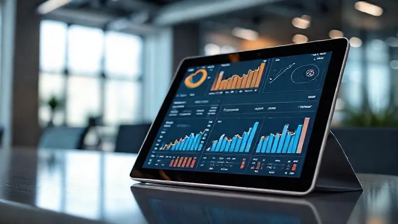 A photorealistic image of a sleek digital marketing dashboard displaying various analytics for an optical business, with charts showing increased sales, website traffic, and successful email campaign open rates. A tablet with an open email marketing platform is visible in the foreground. Cinematic lighting, sharp focus on the data visualization, depth of field blurring a modern office background, 8K hyper-detailed, professional photography, shot on a high-end DSLR.