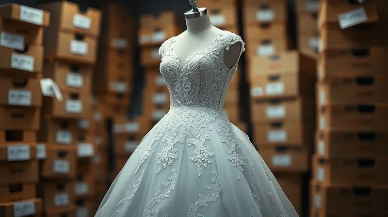 A photorealistic image of a beautiful, intricate bridal gown from a previous season, gently draped over a mannequin, surrounded by blurred stacks of boxes representing storage costs and financial burdens. The lighting is soft but highlights a sense of stagnation. Photorealistic, professional photography, 8K, cinematic lighting, sharp focus, depth of field, shot on a high-end DSLR.