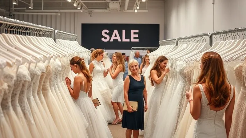 A bustling and elegant bridal sample sale event, with several excited brides sifting through racks of beautiful gowns, staff members assisting, and a 'Sale' banner subtly in the background. The atmosphere is energetic yet refined. Photorealistic, professional photography, 8K, cinematic lighting, sharp focus, depth of field, shot on a high-end DSLR.