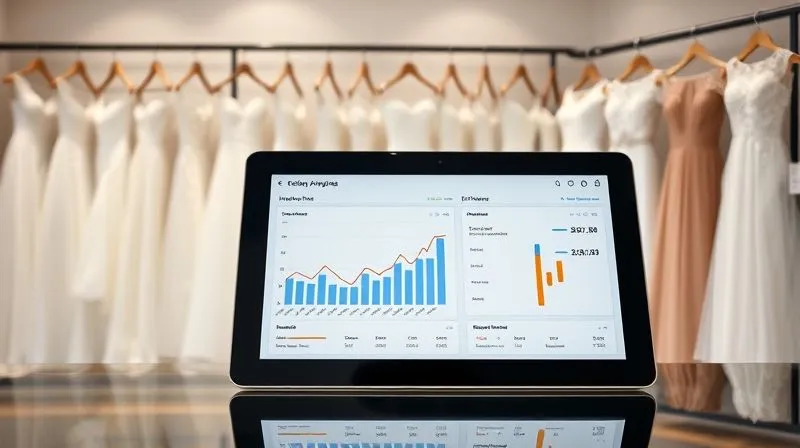 A modern, sleek bridal boutique display with perfectly organized gowns, and a digital tablet in the foreground displaying inventory analytics charts showing healthy sell-through rates and turnover. The image conveys efficiency and control. Photorealistic, professional photography, 8K, cinematic lighting, sharp focus, depth of field, shot on a high-end DSLR.