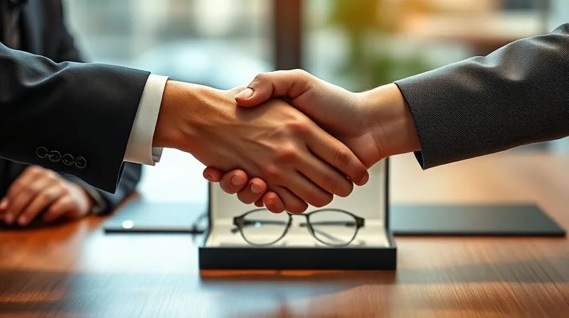 A photorealistic image of two hands shaking over a table with a subtle, blurred luxury eyewear case in the background, symbolizing a professional and discreet business partnership. The lighting is soft and sophisticated, emphasizing trust and agreement. Sharp focus on the handshake, depth of field blurring the background. 8K hyper-detailed, professional photography, shot on a high-end DSLR.
