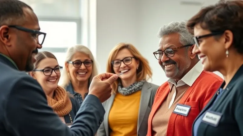 A photorealistic image of a diverse group of people smiling and wearing stylish, well-fitting eyeglasses, receiving them from a person in a professional, branded uniform in a bright, clean community setting. The scene evokes warmth, gratitude, and a sense of positive impact. Cinematic lighting, sharp focus on the interaction, depth of field blurring the background. 8K hyper-detailed, professional photography, shot on a high-end DSLR.