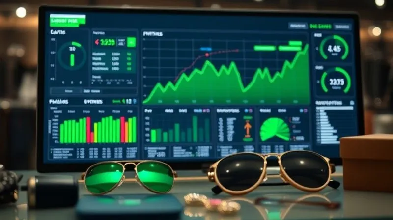 photorealistic, professional photography, 8K, cinematic lighting, sharp focus, depth of field, shot on a high-end DSLR. A stylized dashboard displaying complex inventory data with green upward trends, surrounded by subtle, high-end fashion accessories. The image should convey efficiency, control, and future-proofing through data analytics in a sophisticated retail environment.