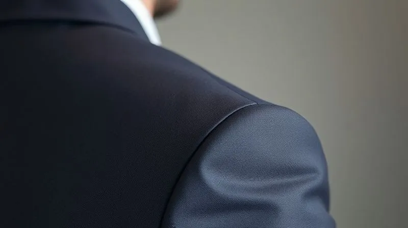A photorealistic close-up of a man's well-fitted suit jacket shoulder, showing the clean line and perfect seam alignment, with a crisp white shirt cuff peeking out. Cinematic lighting, sharp focus, depth of field, 8K hyper-detailed, professional photography, shot on a high-end DSLR.
