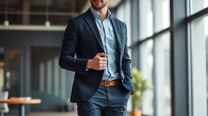 A photorealistic image of a man in a modern business casual office, wearing a perfectly fitted navy blazer over a light blue collared shirt and tailored chinos. He is standing confidently, perhaps gesturing subtly during a conversation. Cinematic lighting, sharp focus, depth of field, 8K, professional photography, shot on a high-end DSLR.