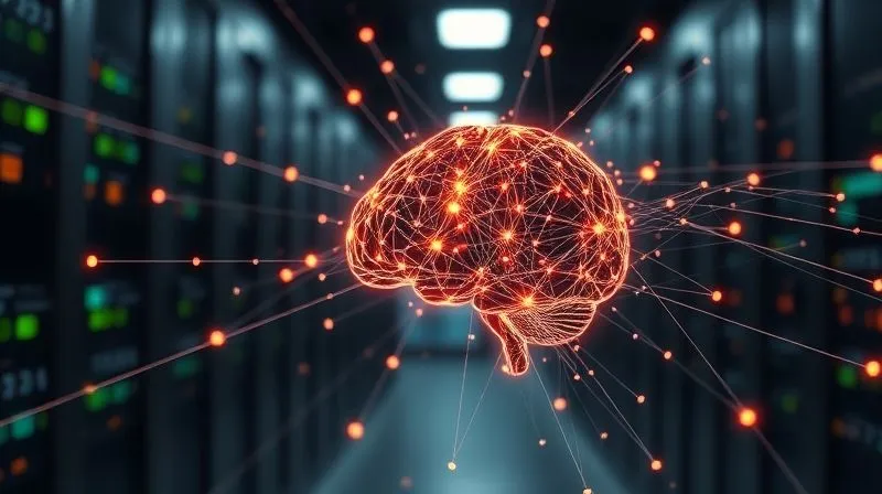 A complex, glowing network of interconnected data points representing various fashion attributes (fabric, fit, style, color) flowing into a central AI brain, set against a blurred background of a modern data center. Photorealistic, professional photography, 8K, cinematic lighting, sharp focus on the data network, depth of field blurring the background, shot on a high-end DSLR.