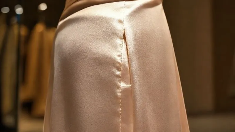 Photorealistic image, 8K, cinematic lighting, sharp focus, depth of field, shot on a high-end DSLR. A luxurious haute couture gown, made from a shimmering silk crepe, displayed on a mannequin. The camera focuses on a subtle, almost invisible, internal gusset or hidden panel along the side seam, expertly integrated into the garment's design, suggesting adaptability and precision. The light highlights the intricate stitching and the fabric's soft drape.