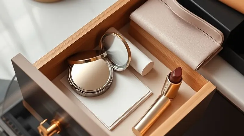 An elegantly organized professional's desk drawer, revealing a compact, blotting papers, a mini setting spray, and a sleek lipstick, all neatly arranged. The overall impression is one of preparedness and subtle luxury. photorealistic, professional photography, 8K, cinematic lighting, sharp focus, depth of field, shot on a high-end DSLR.