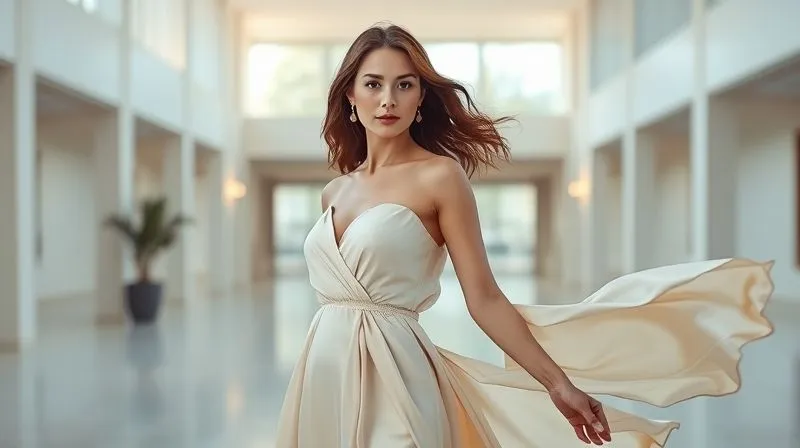 photorealistic, professional photography, 8K, cinematic lighting, sharp focus, depth of field shot on a high-end DSLR of an elegant woman, mid-30s, wearing a flowing silk gown in a minimalist, architecturally stunning online product showcase setting, exuding confidence and sophistication.