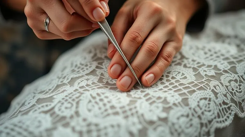 photorealistic, professional photography, 8K, cinematic lighting, sharp focus, depth of field shot on a high-end DSLR of a skilled artisan's hands meticulously stitching delicate lace onto an elegant garment, close-up, tools visible, rich textures, evoking tradition and quality.