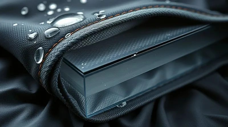 A highly detailed, photorealistic cross-section of a three-layer waterproof breathable textile, showing the outer fabric with water beading, the microporous membrane layer allowing vapor molecules to pass, and the inner lining. Cinematic lighting, 8K, sharp focus on the intricate layers, shot with a macro lens on a high-end DSLR.