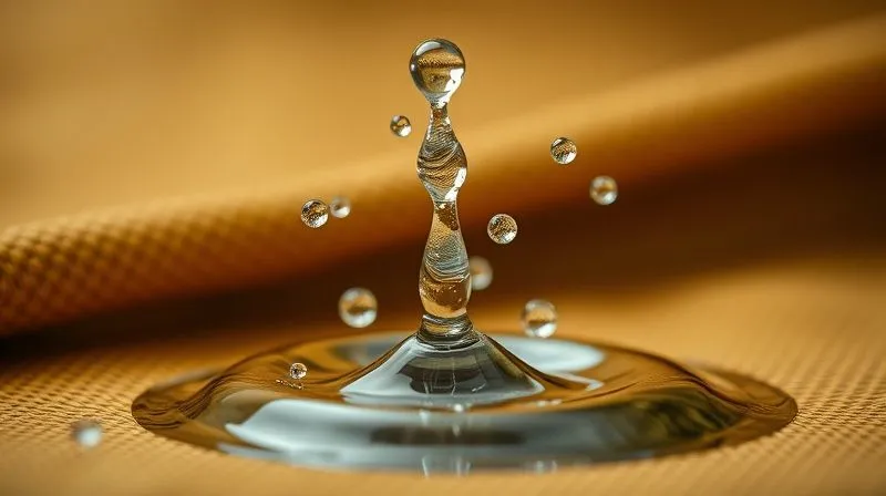 A close-up, high-speed photorealistic professional photography shot of water droplets bouncing off a DWR-treated recycled textile surface, creating a dynamic splash effect. Cinematic lighting, 8K, sharp focus on the water and fabric texture, depth of field blurring the background, shot on a high-end DSLR.