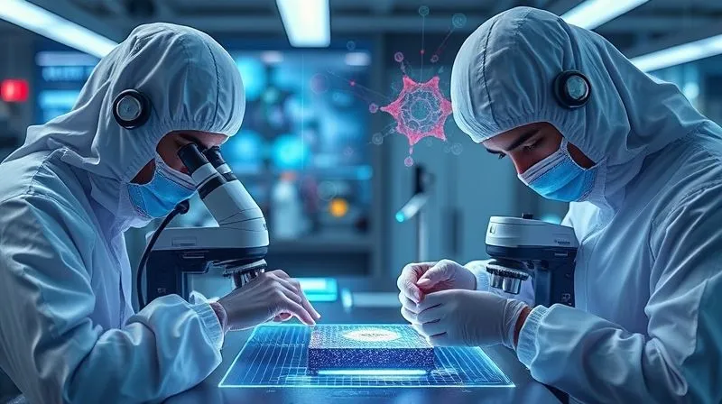 A conceptual, photorealistic image of a futuristic textile research lab. Scientists in clean suits examine glowing, intricate textile samples under advanced microscopes, with holographic data displays floating in the air showing molecular structures and performance metrics. Cinematic lighting, 8K, sharp focus on the textile samples and subtle depth of field, shot on a high-end DSLR.