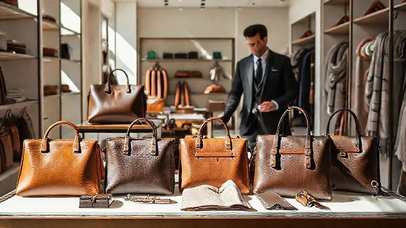 A meticulously arranged display of bespoke luxury leather handbags and silk scarves inside a sunlit, minimalist high-end boutique, with a single, elegant sales associate subtly assisting a well-dressed customer in the background. Photorealistic, professional photography, 8K, cinematic lighting, sharp focus on the display, depth of field, shot on a high-end DSLR.