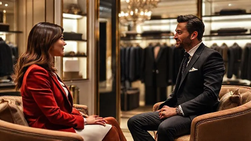 A luxury brand ambassador, impeccably dressed, engaging in a personalized and attentive conversation with a well-dressed customer in a private salon of a high-end boutique. The setting is opulent yet understated, with soft lighting and exquisite details. Photorealistic, professional photography, 8K, cinematic lighting, sharp focus on the interaction, depth of field, shot on a high-end DSLR.