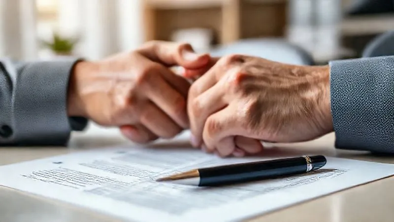 A photorealistic close-up of two hands shaking over a neatly written, minimalist contract document with a pen lying beside it, symbolizing a professional agreement. The background is a softly blurred office setting. Professional photography, 8K, cinematic lighting, sharp focus on the hands and contract, depth of field, shot on a high-end DSLR.