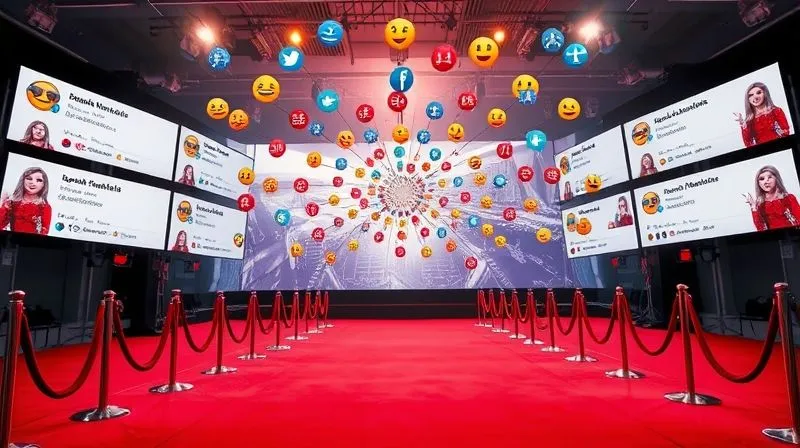 A photorealistic, professional photography image, 8K, cinematic lighting, sharp focus, depth of field, shot on a high-end DSLR. A stylized representation of a global social media feed, with multiple screens showing a red carpet look trending with various emojis, comments in different languages, and share icons radiating outwards, symbolizing widespread digital amplification.