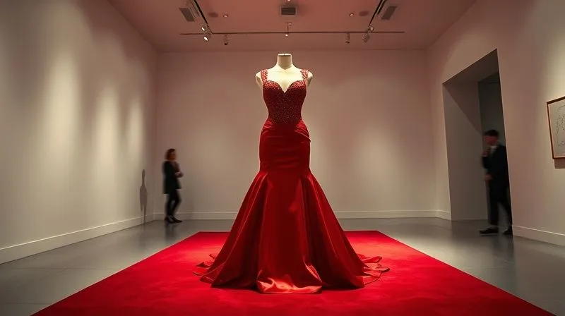 A photorealistic, professional photography, 8K, cinematic lighting, sharp focus, depth of field, shot on a high-end DSLR. A beautifully preserved, iconic red carpet gown displayed under museum lighting in a minimalist gallery, with subtle spotlights highlighting its intricate details, symbolizing its status as a timeless piece of fashion history. A few blurred figures in the background observe respectfully.