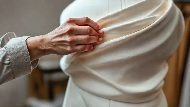 A close-up, photorealistic shot of a stylist's hands meticulously pinning and draping a simple, flowing fabric on a mannequin, creating elegant folds. The fabric appears rich and luxurious due to the styling, with soft, directional light highlighting its texture. Sharp focus on the hands and fabric, depth of field blurring the background, 8K hyper-detailed, professional photography, shot on a high-end DSLR.