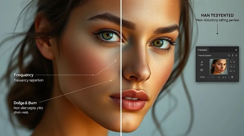 Photorealistic, professional photography, 8K, cinematic lighting, sharp focus, depth of field, shot on a high-end DSLR. A graphic representation of a digital workflow in Photoshop, showing layers for frequency separation and dodge & burn on a beauty portrait of a model with warm olive skin. The interface is clean, highlighting the non-destructive editing process, with subtle glowing effects visible on the model's cheekbones in the retouched preview.